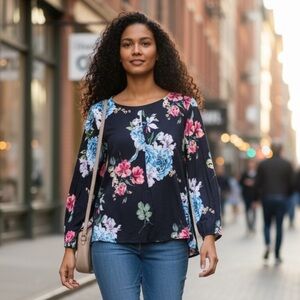 Karen Kane Ladies Multicolor Floral Assymetrical Long Sleeve Blouse (Size Small)